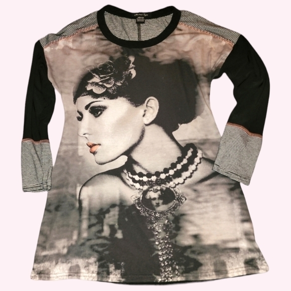 Michael Tyler Tops - Oversized Black Graphic 3/4 Sleeve T Shirt | Art to Wear Artsy Tee Size XS
